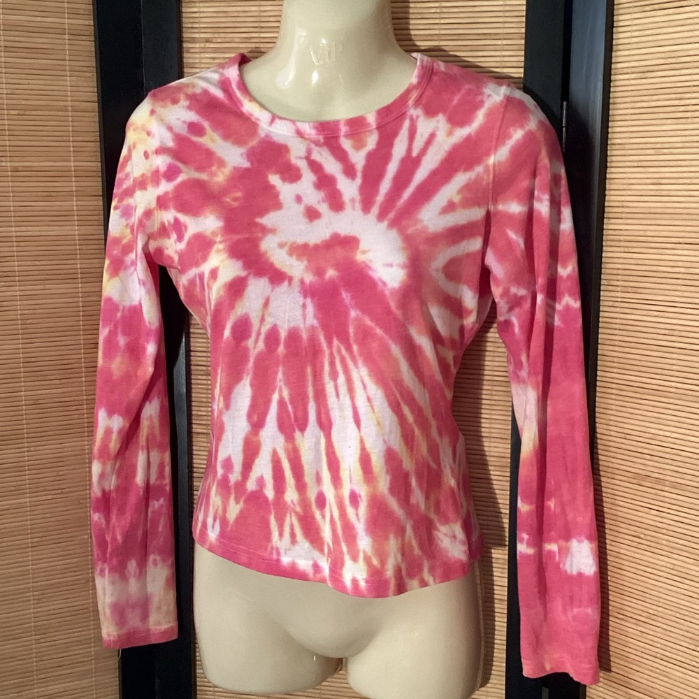 💗 Y2K ENERGIE tie dye crop top Sz M long sleeve tee shirt pink EUC vintage